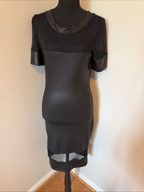 Women's Black Faux-Leather Trim Midi Dress